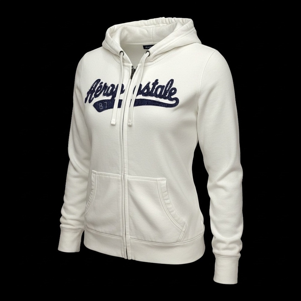 Aeropostale Womens XL White Full Zip Hoodie Navy Glitter Logo Sweatshirt Flaw